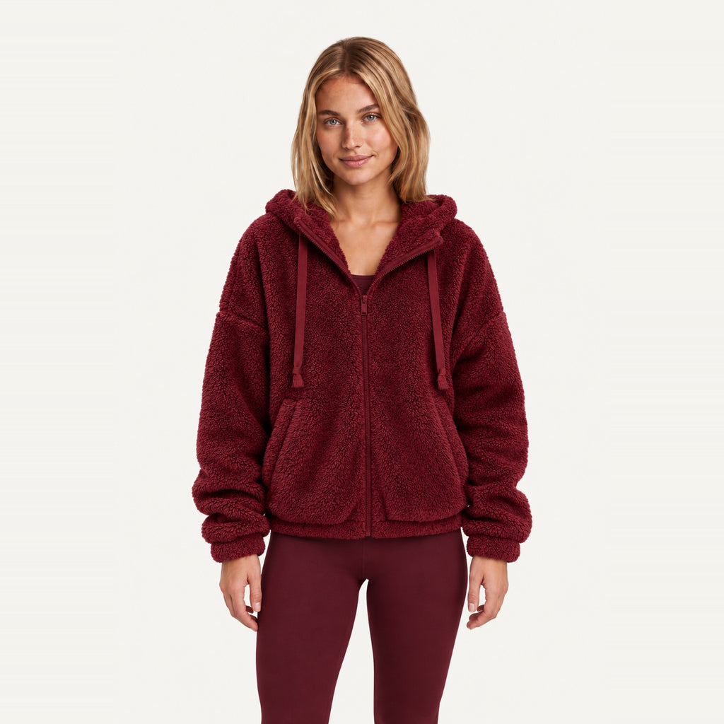 Plush Zip-Up Hoodie with Side Pockets - Burgundy