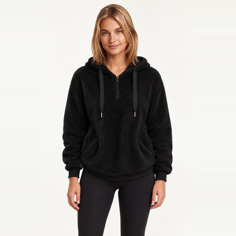 Plush Half-Zip Hoodie with Front Pocket - Black