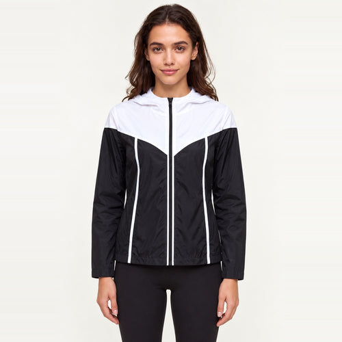 Colorblock Hooded Workout Jacket with Front Zipper - Black White