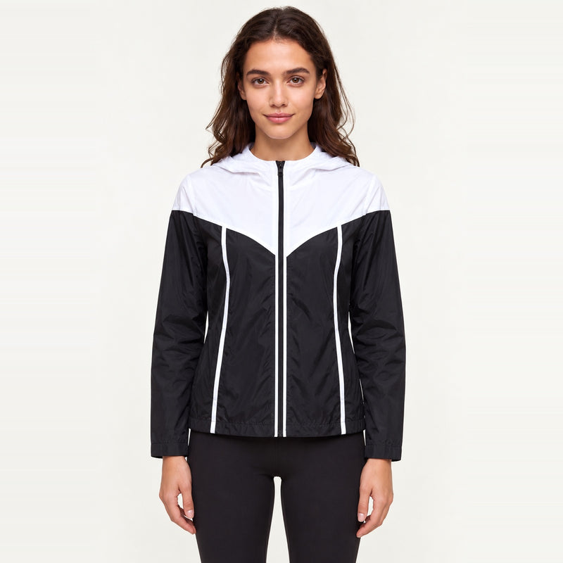 Colorblock Hooded Workout Jacket with Front Zipper - Black White