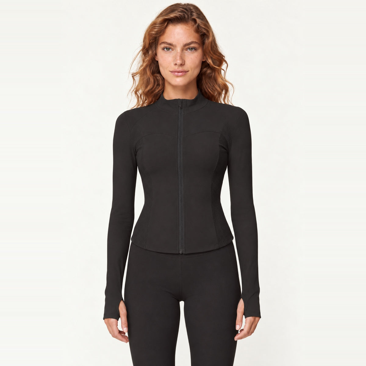 Stand-Collar Zip-Up Workout Jacket with Thumbholes - Black