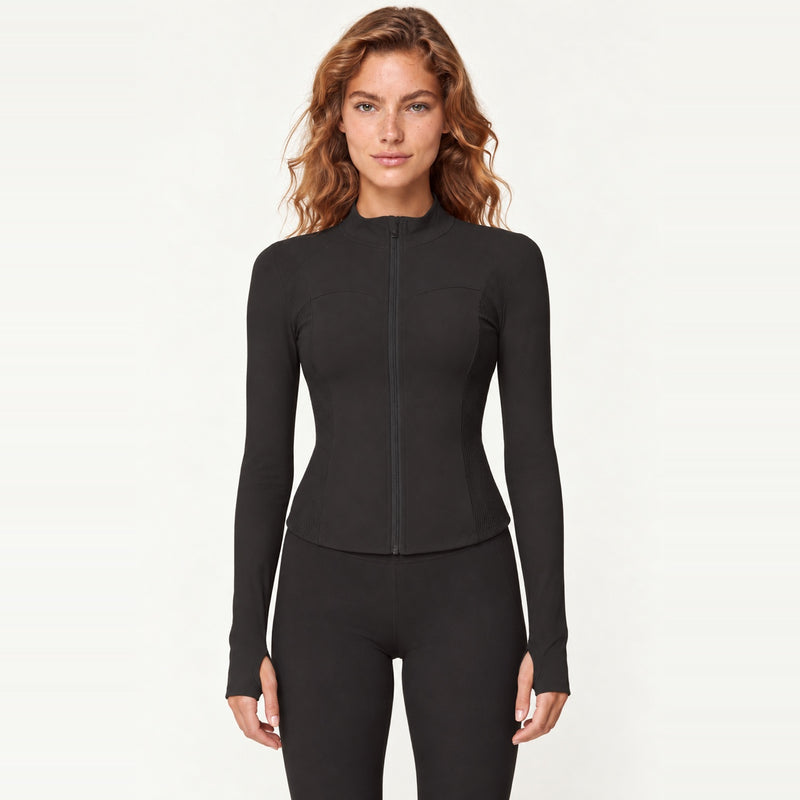 Stand-Collar Zip-Up Workout Jacket with Thumbholes - Black