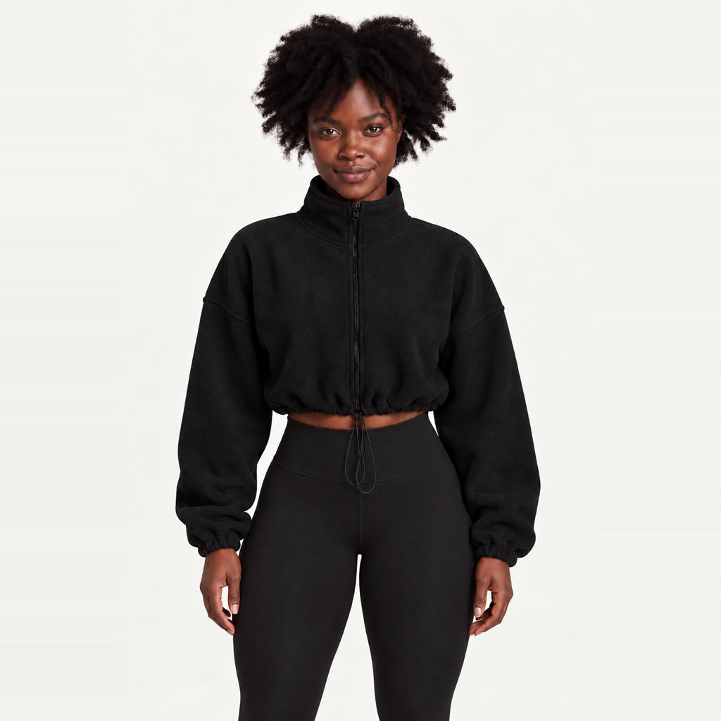Cropped Full-Zip Fleece Jacket with Drawcord Hem - Black