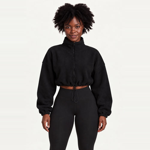Cropped Full-Zip Fleece Jacket with Drawcord Hem - Black