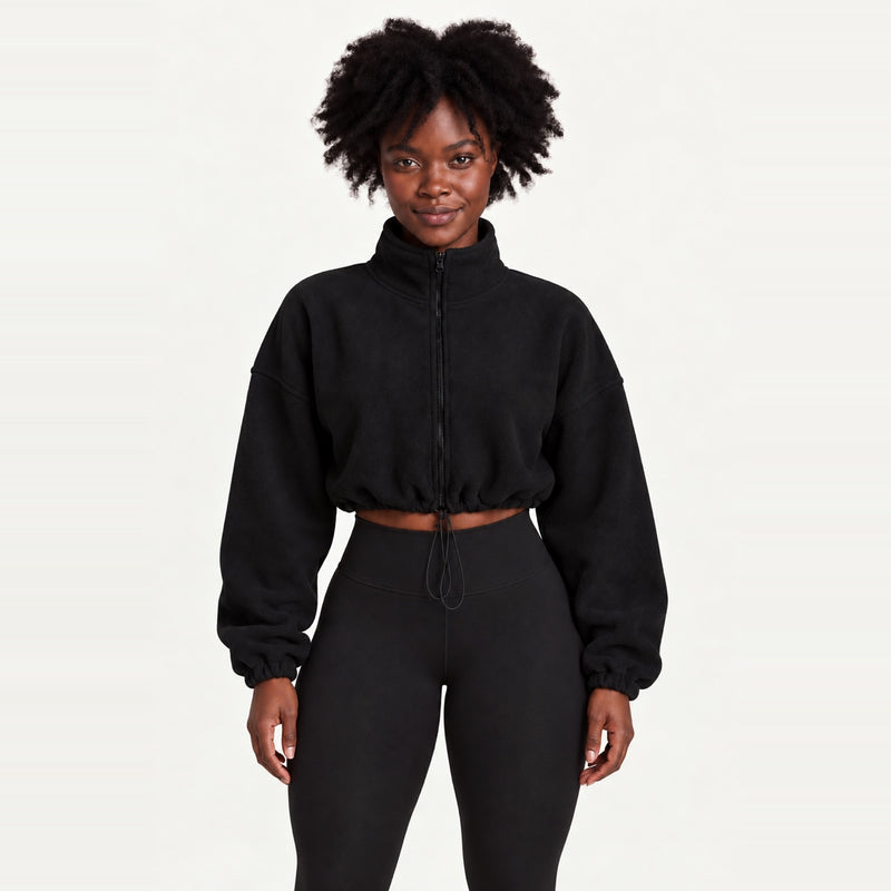 Cropped Full-Zip Fleece Jacket with Drawcord Hem - Black