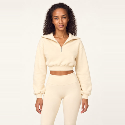 Half-Zip Crop Top or Layered Shorts - Cream Top