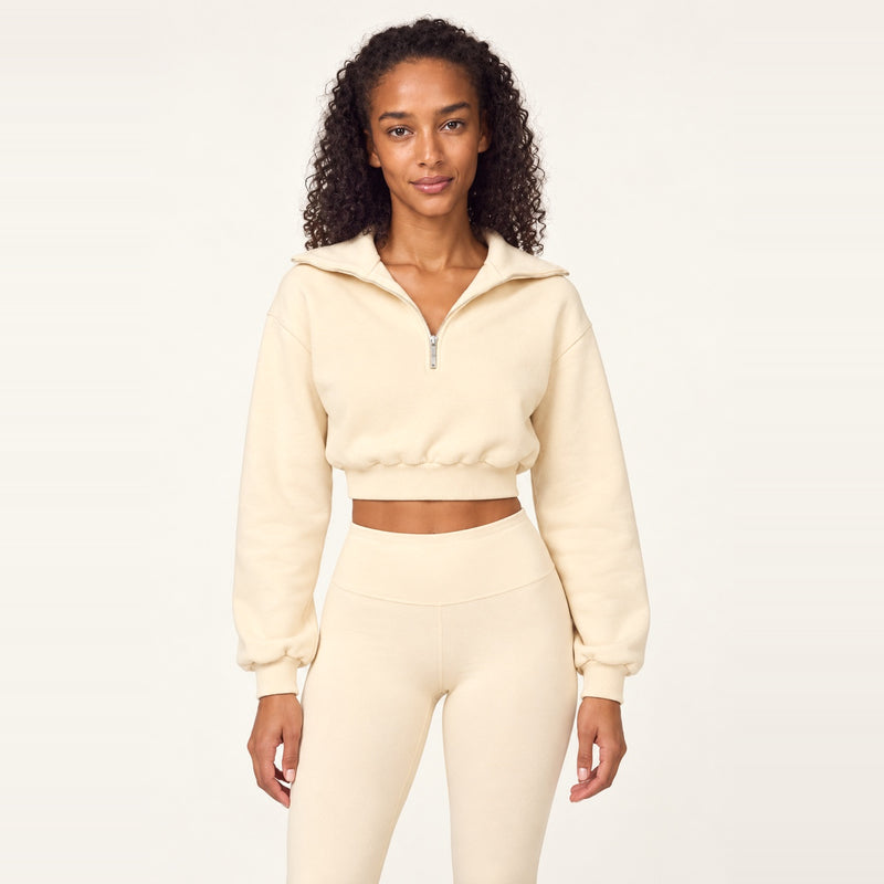 Half-Zip Crop Top or Layered Shorts - Cream Top