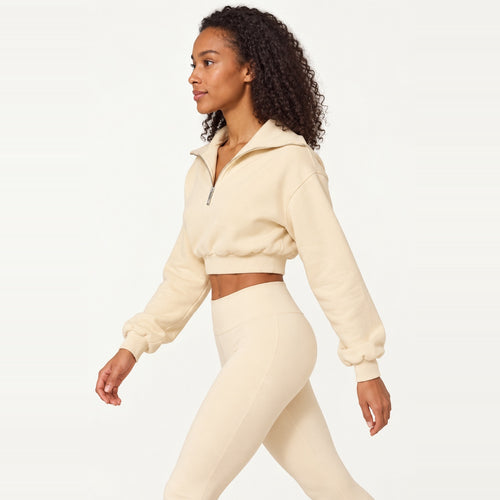 Half-Zip Crop Top or Layered Shorts - Cream Top