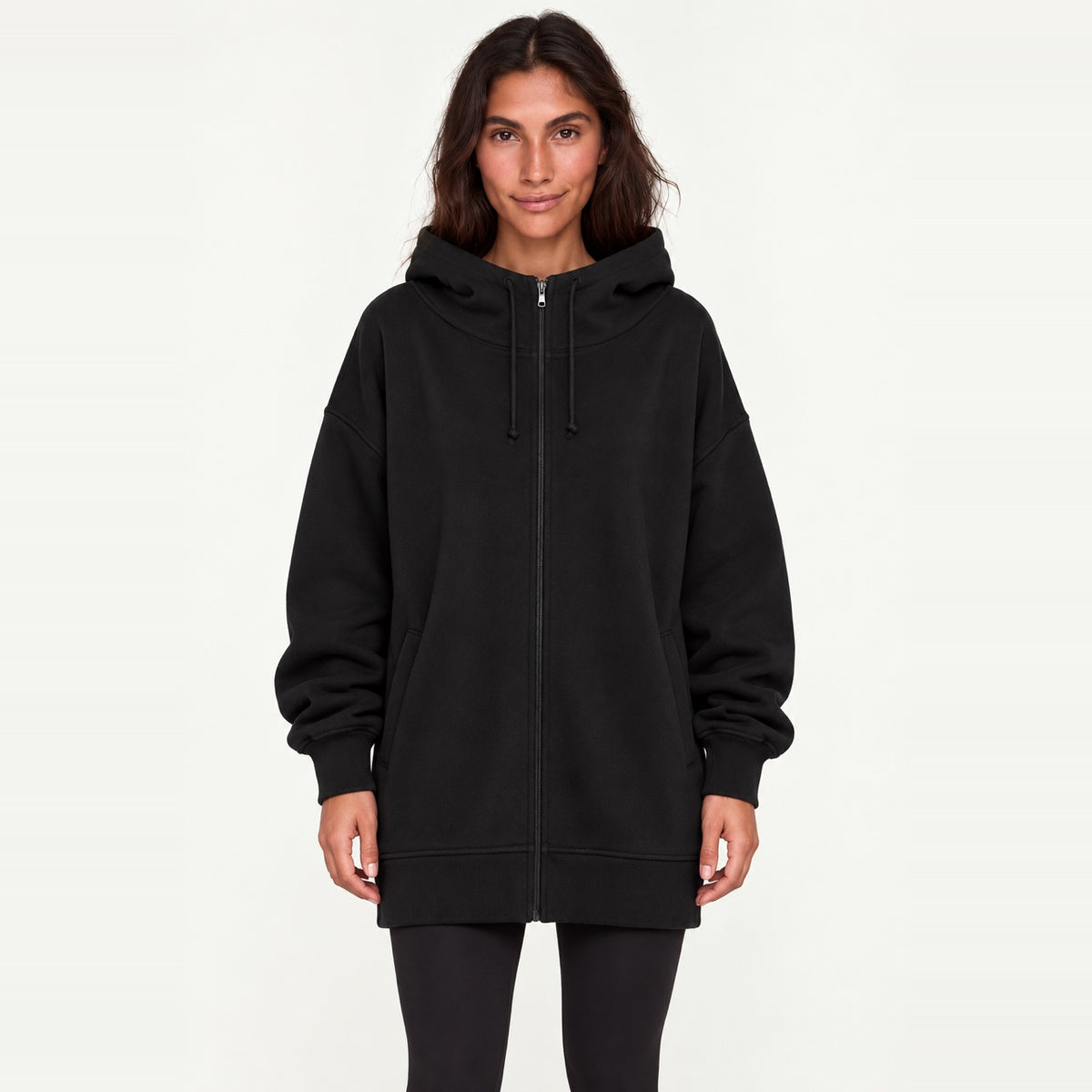 Longline Full-Zip Hoodie with Front Pockets - Black