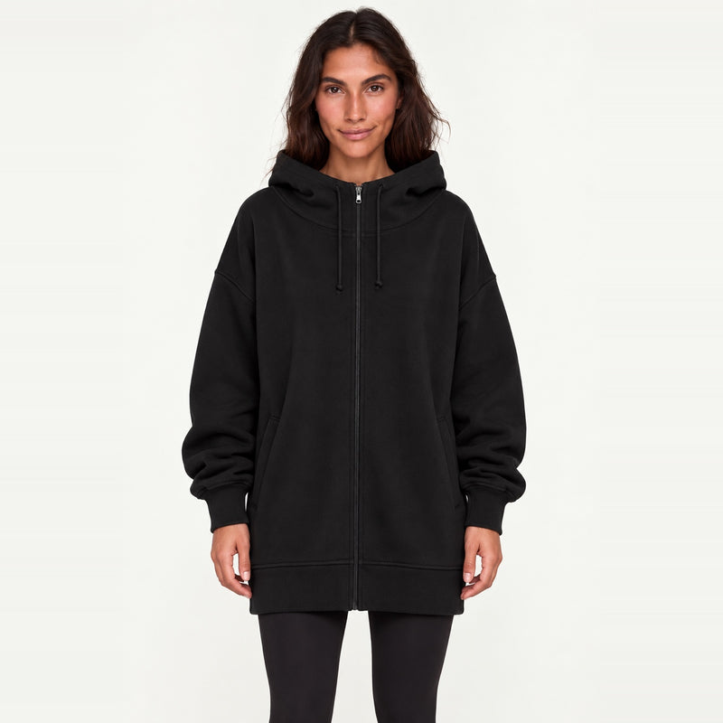 Longline Full-Zip Hoodie with Front Pockets - Black