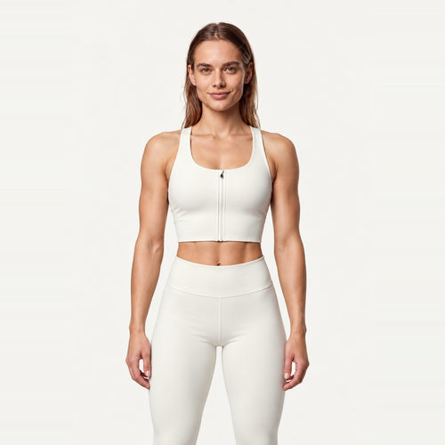 Front-Zip Sports Bra with Crossed Back Straps - Ivory
