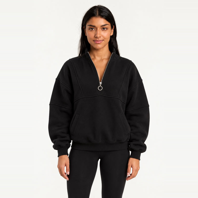 Half-Zip Sweatshirt with Ring Pull - Black