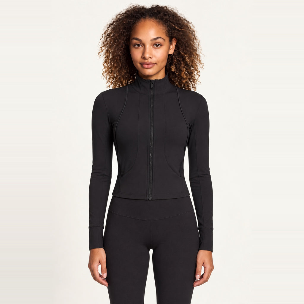 Fitted Full-Zip Stand-Collar Workout Jacket - Black