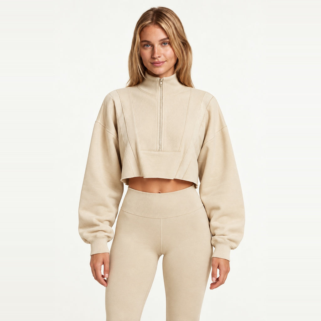 Cropped Half-Zip Sweatshirt with Stand Collar - Beige