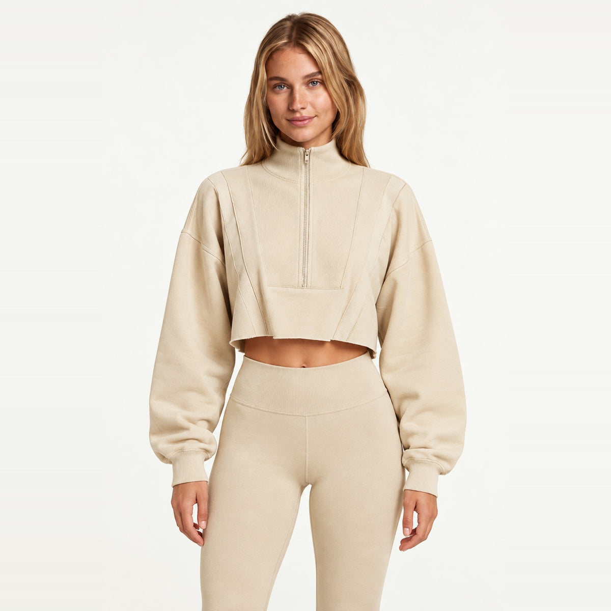 Cropped Half-Zip Sweatshirt with Stand Collar - Beige
