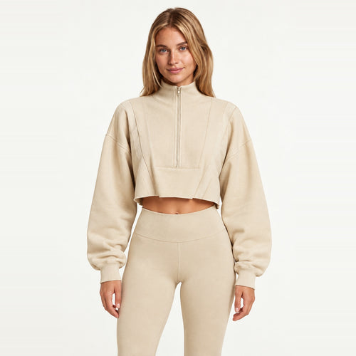 Cropped Half-Zip Sweatshirt with Stand Collar - Beige
