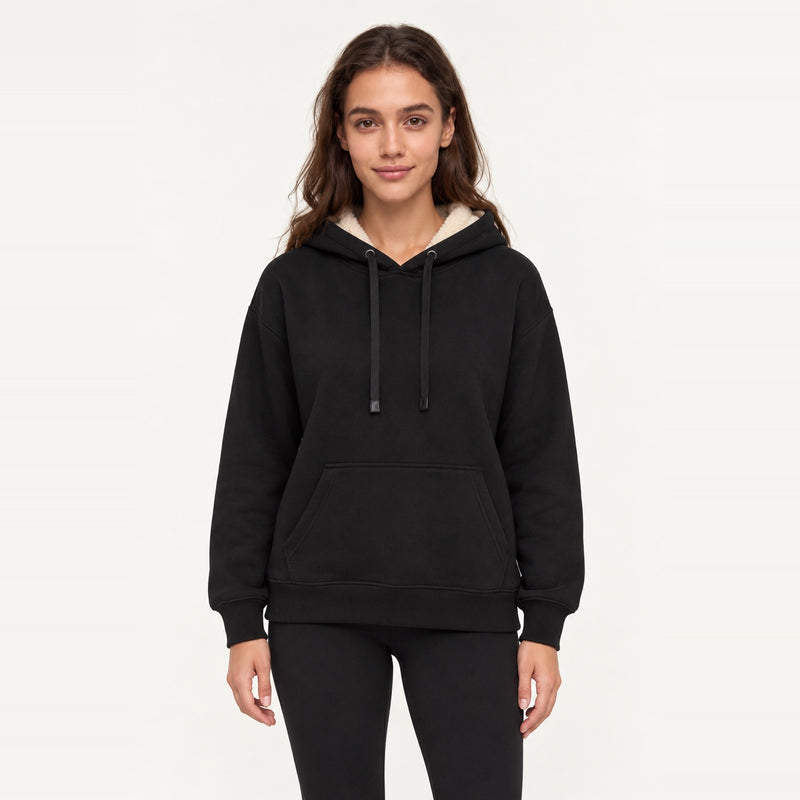 Fleece-Lined Pullover Hoodie with Kangaroo Pocket - Black