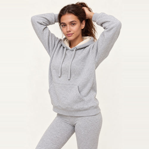 Fleece-Lined Pullover Hoodie with Kangaroo Pocket - Light Gray