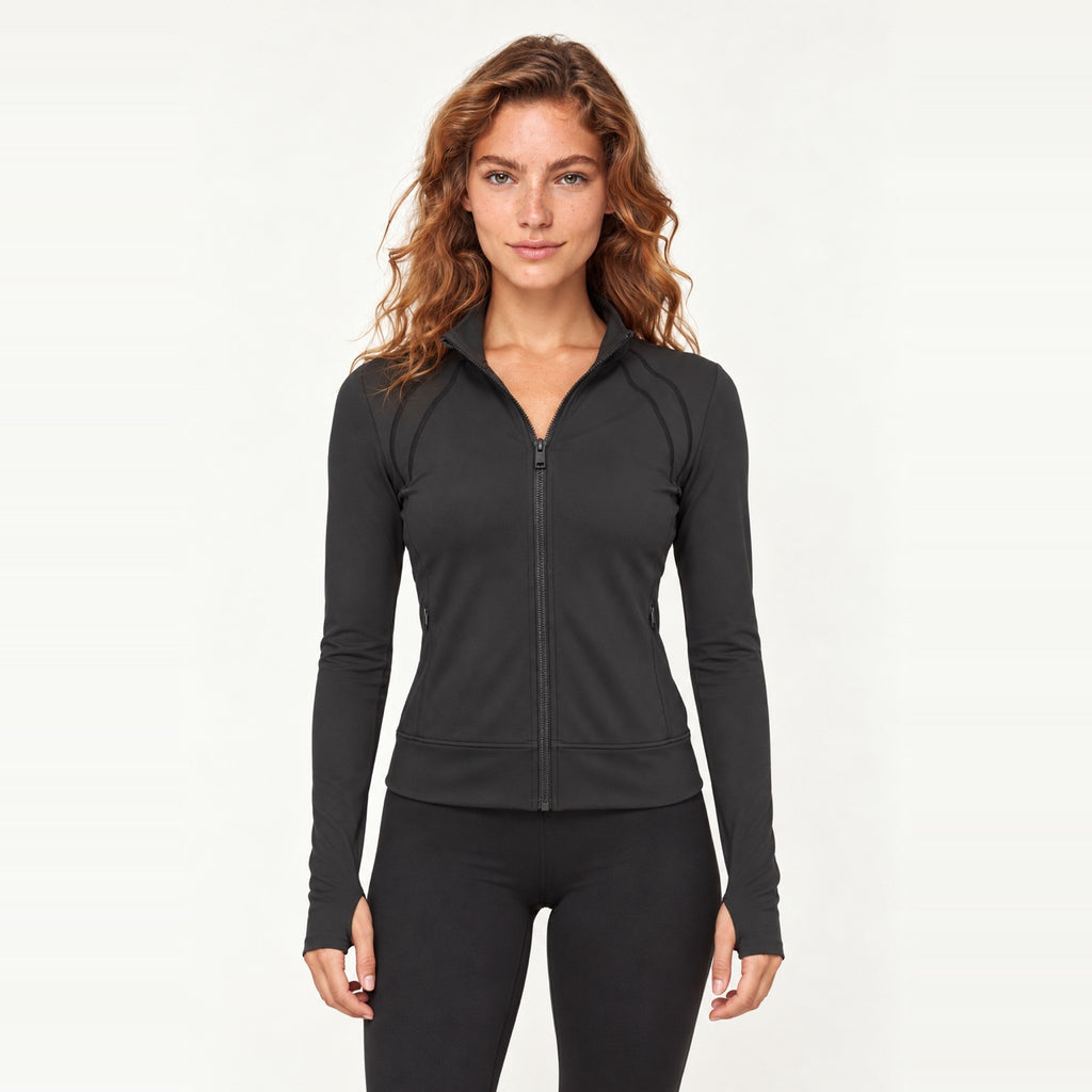 Stand-Collar Zip-Up Workout Jacket - Black