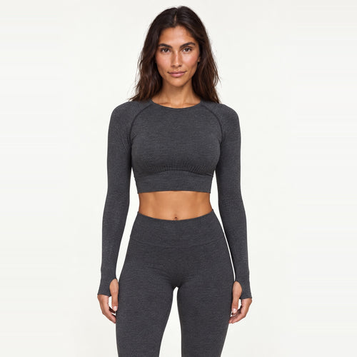 Heathered Long Sleeve Crop Top - Charcoal