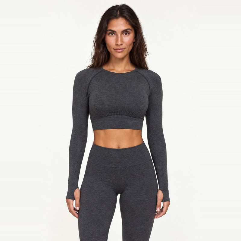 Heathered Long Sleeve Crop Top - Charcoal