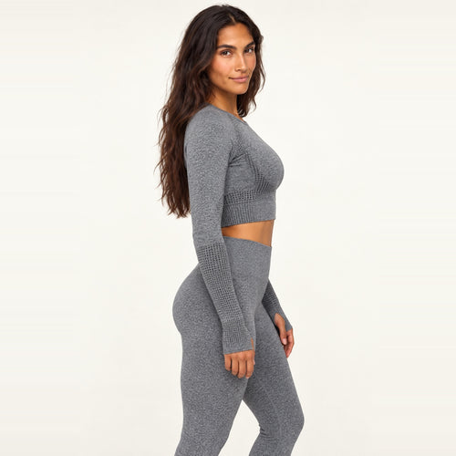 Heathered Long Sleeve Crop Top - Gray