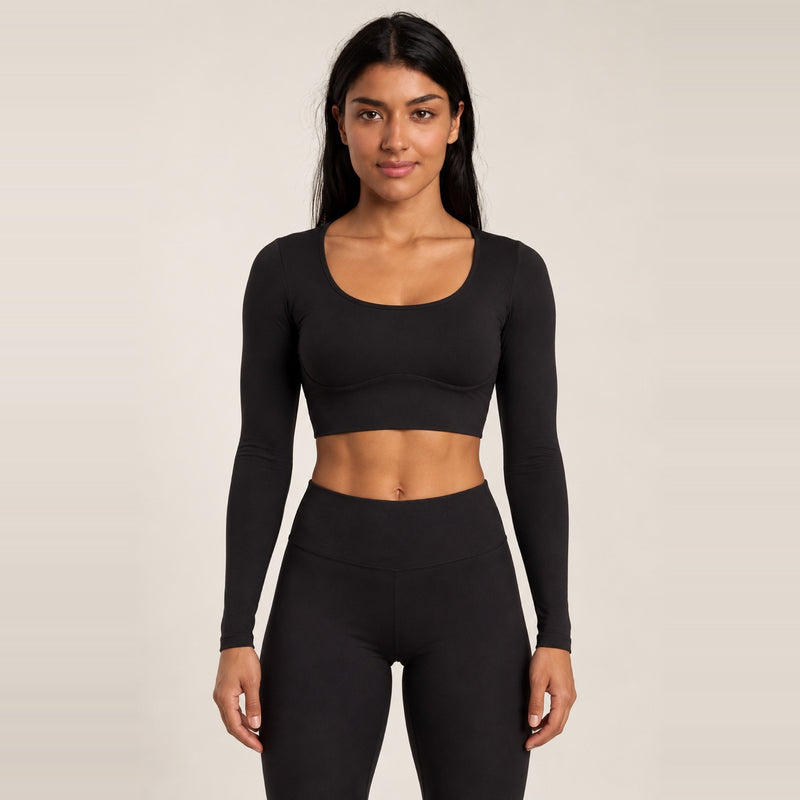 Long Sleeve Crop Top with Cross-Strap Back - Black