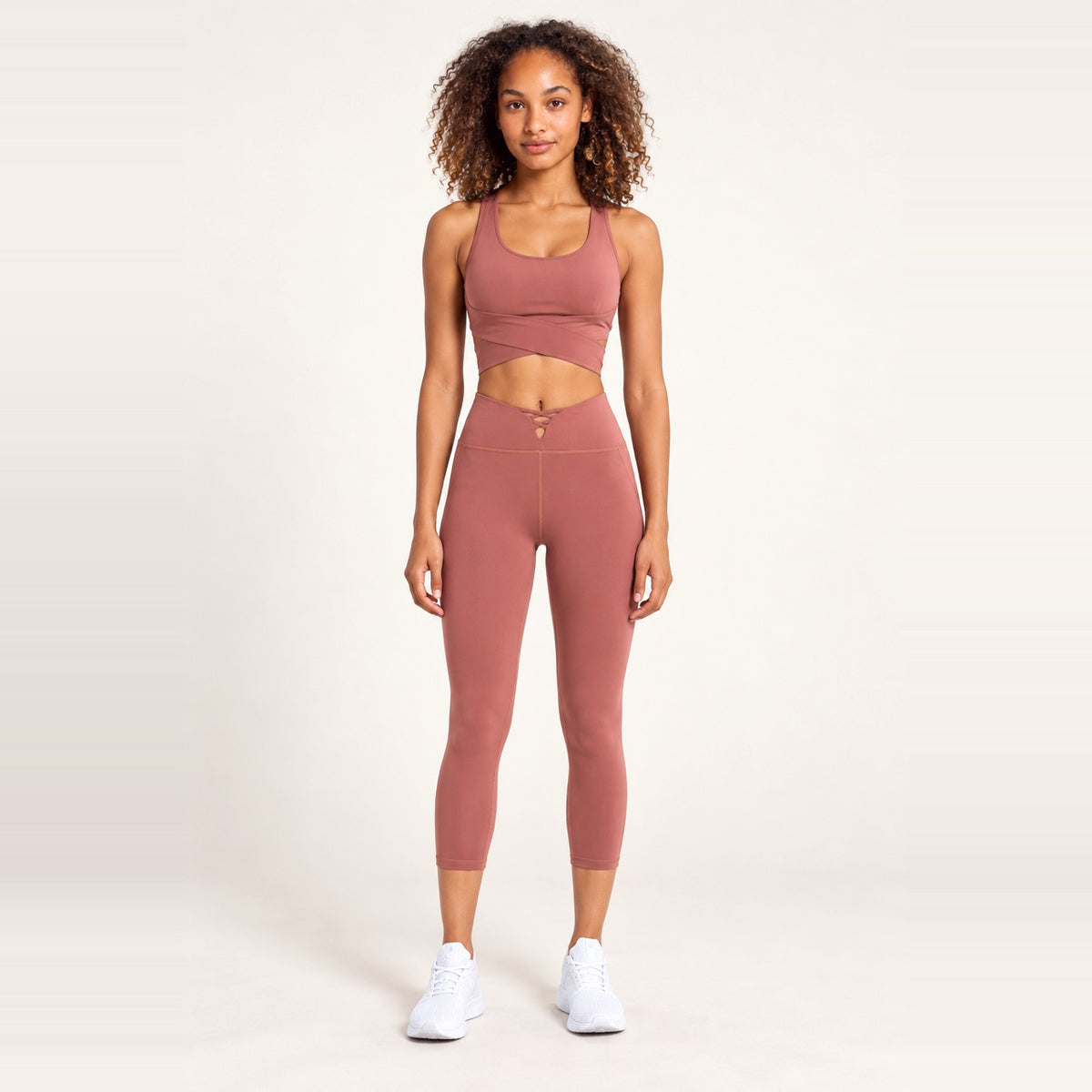 Tie-Back Crop Top and Cropped Leggings Set - Dusty Rose
