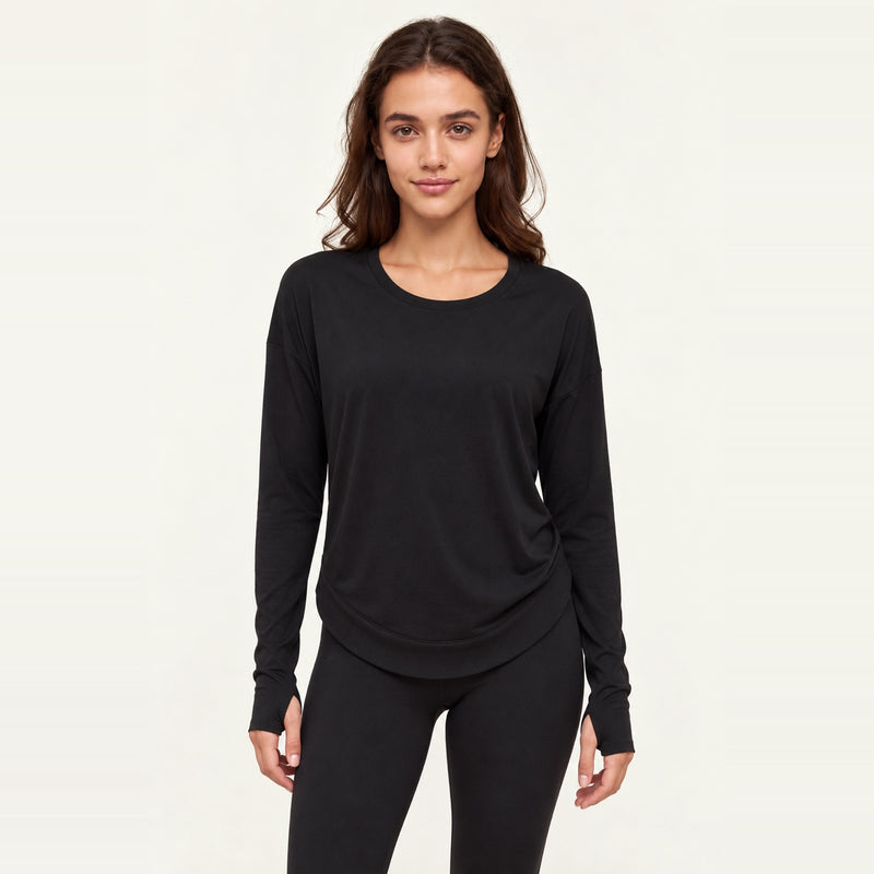 Loose Long Sleeve Top with Wide Hem - Black