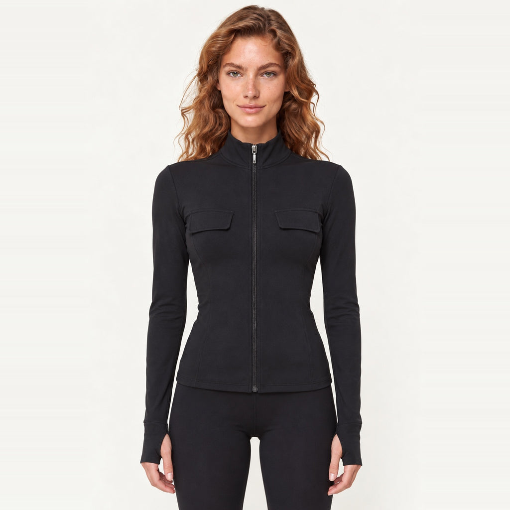 Zip-Front Jacket with Stand Collar - Black