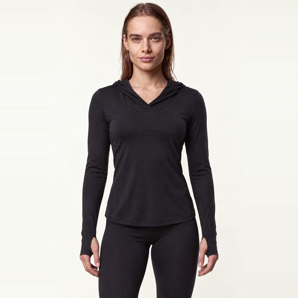 Fitted Long Sleeve Hoodie with Crossover Neckline - Black