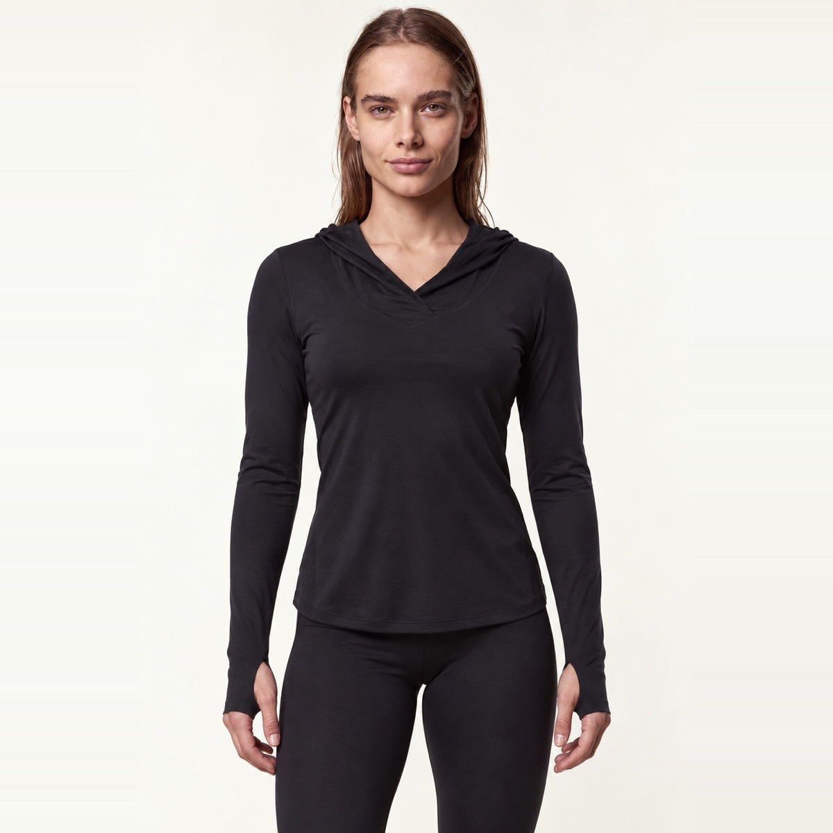 Fitted Long Sleeve Hoodie with Crossover Neckline - Black