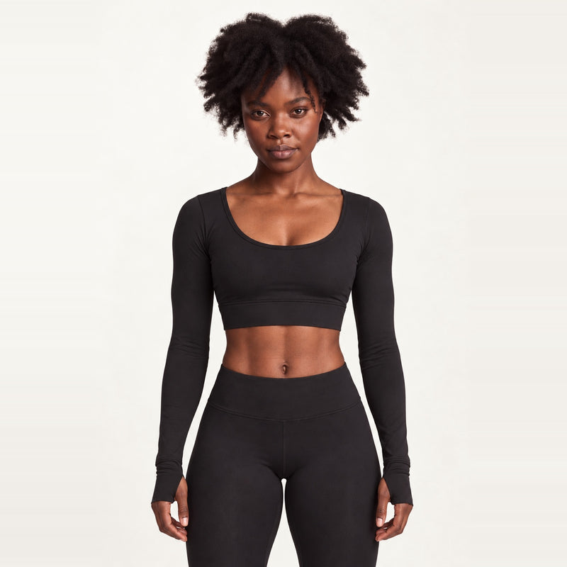 Long Sleeve Crop Top with Crossed Back Straps - Black