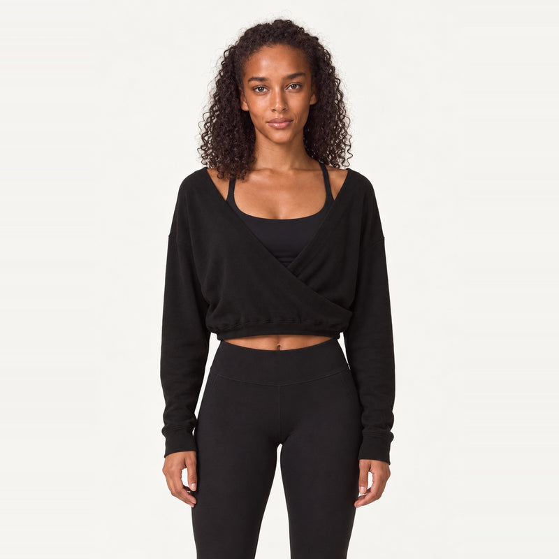 Long Sleeve Crop Top with Crossover Neckline - Black