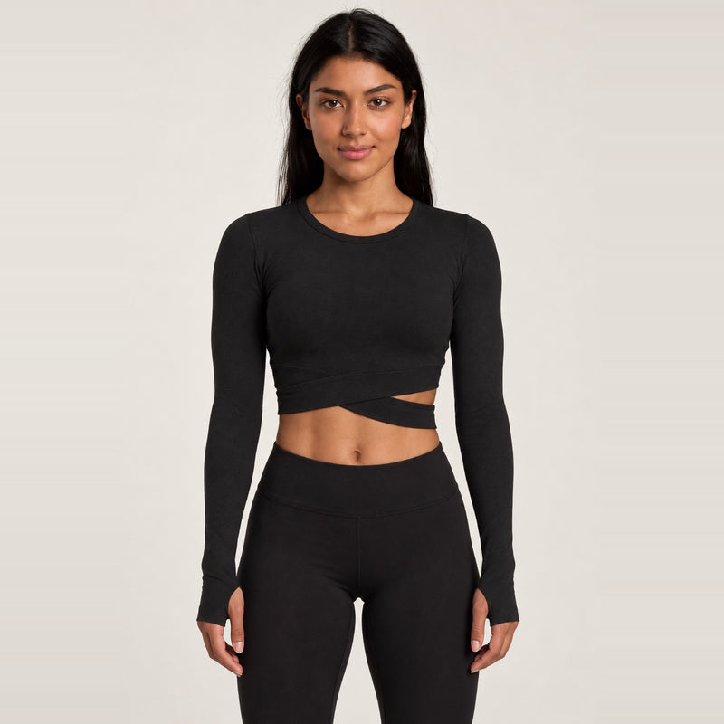 Long Sleeve Crop Top with Wraparound Hem - Black