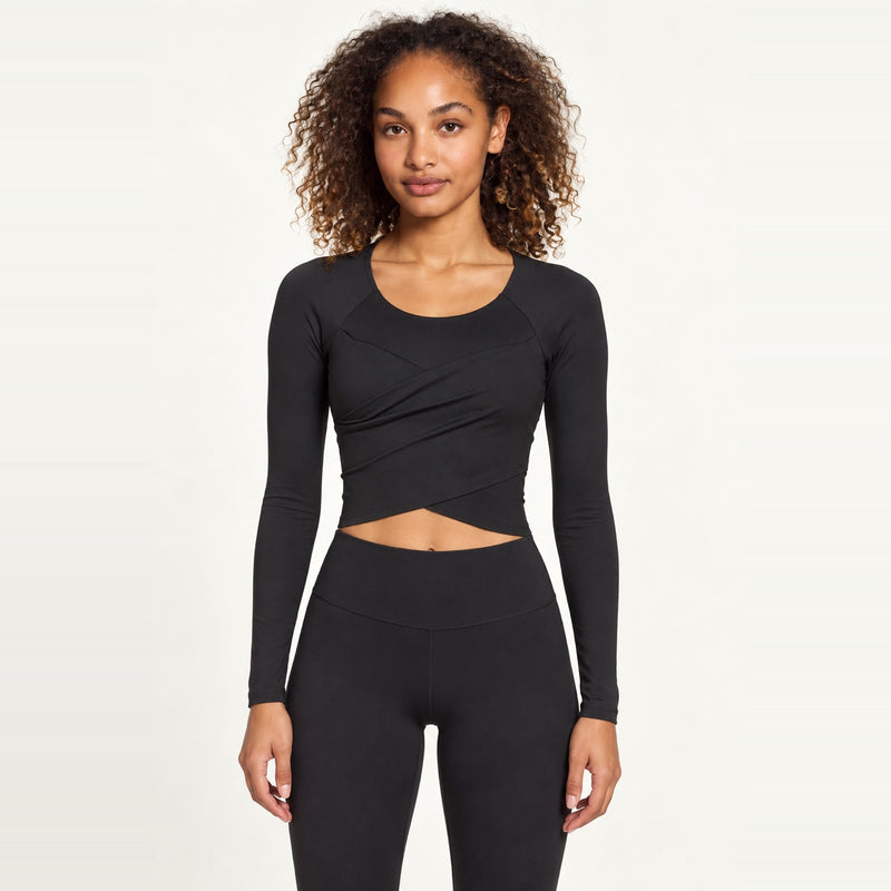 Long Sleeve Crop Top with Crossover Front - Black