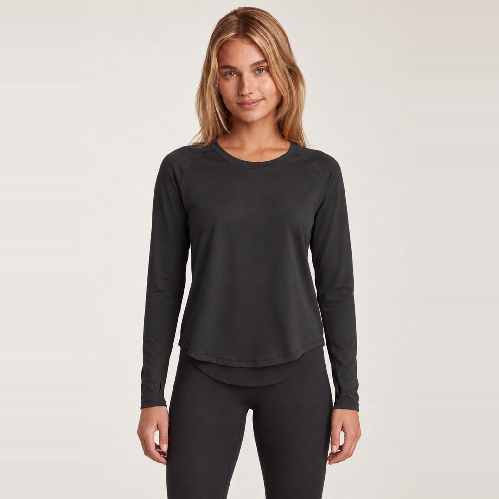 Long Sleeve Top with Curved Hem - Black