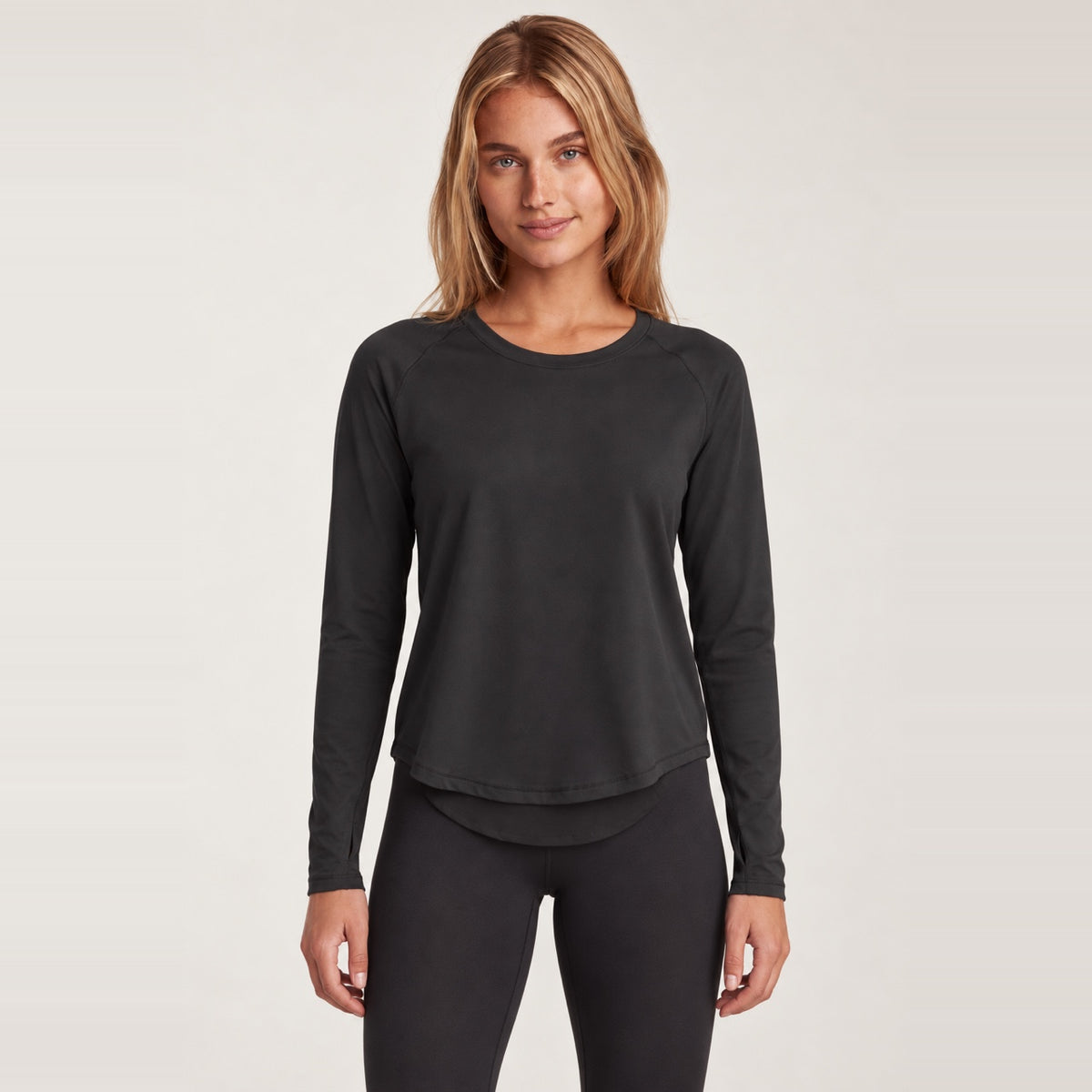 Long Sleeve Top with Curved Hem - Black
