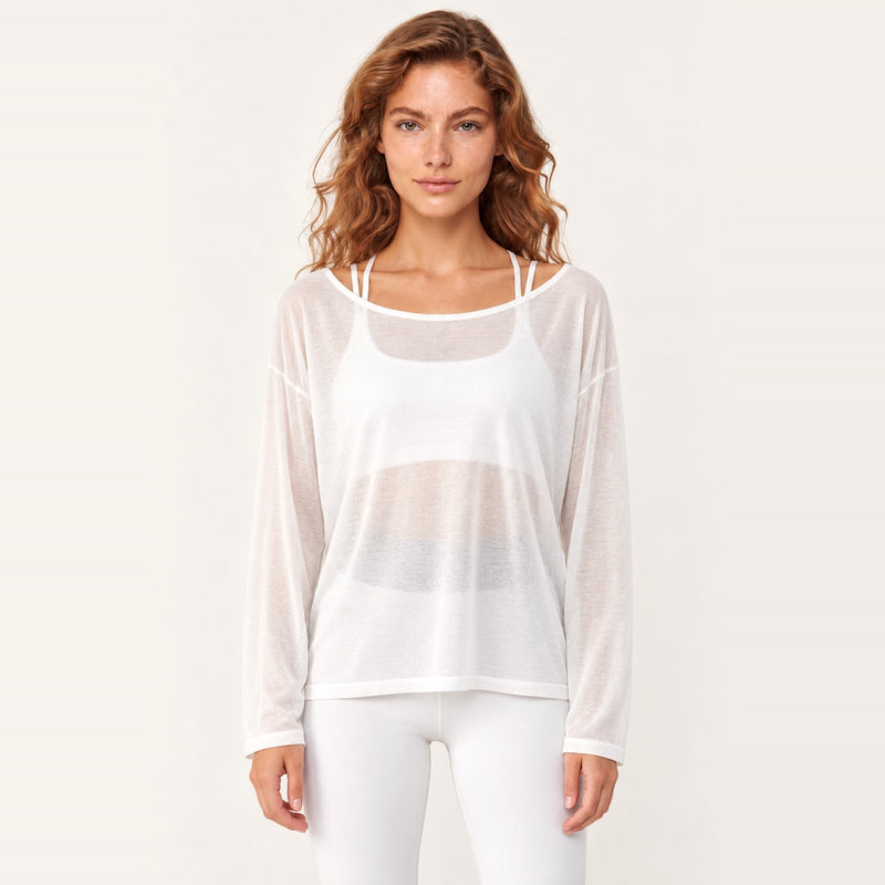 Sheer Long Sleeve Top with Wide Neckline - White