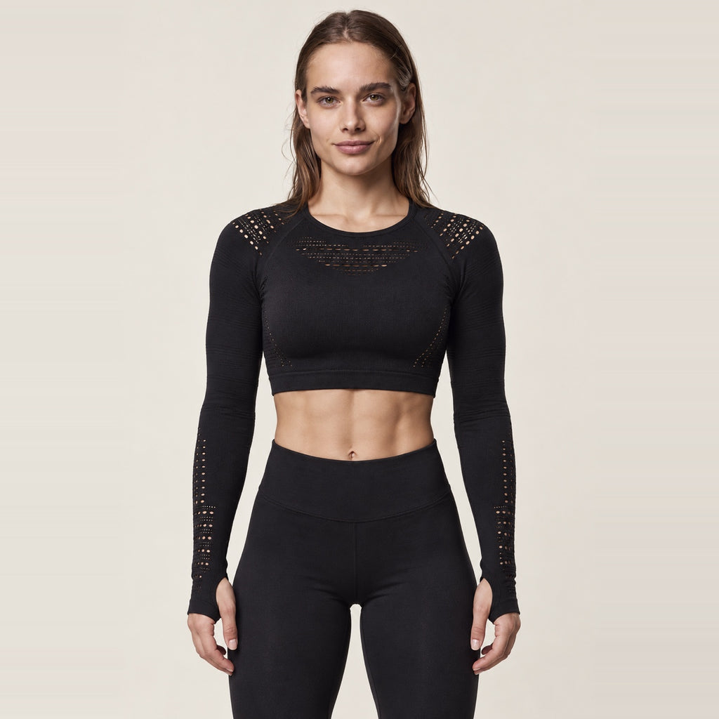 Long Sleeve Crop Top with Openwork Panels - Black