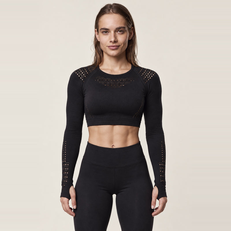 Long Sleeve Crop Top with Openwork Panels - Black