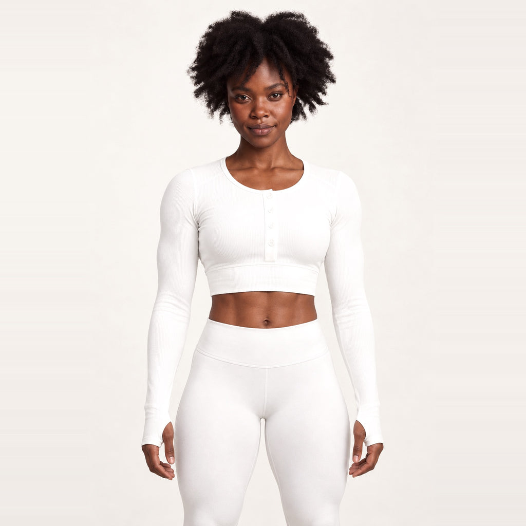 Long Sleeve Henley Crop Top - White