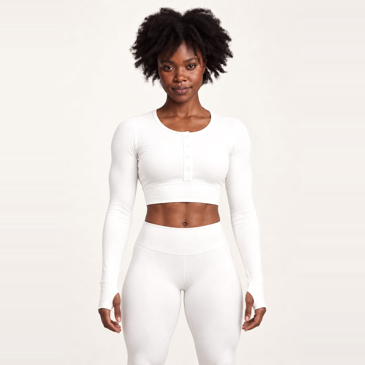 Long Sleeve Henley Crop Top - White