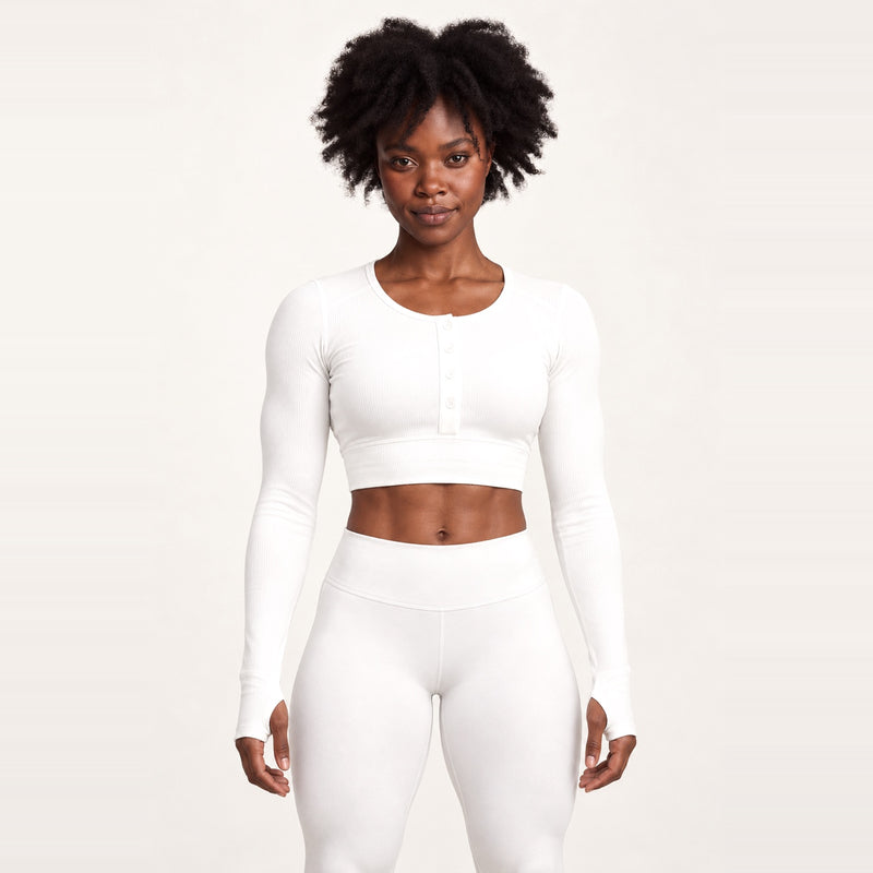 Long Sleeve Henley Crop Top - White