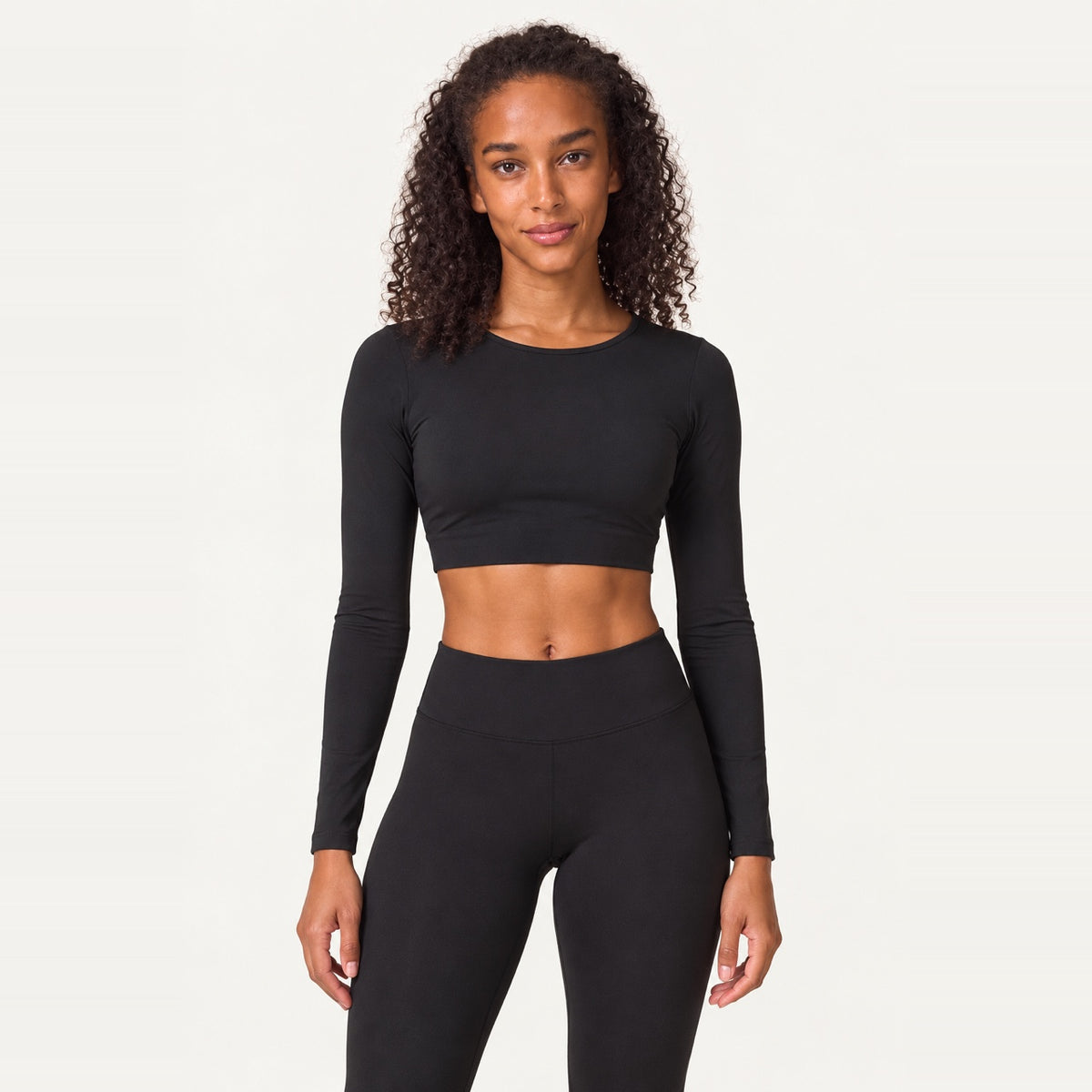 Long Sleeve Crop Top with Cross-Strap Open Back - Black