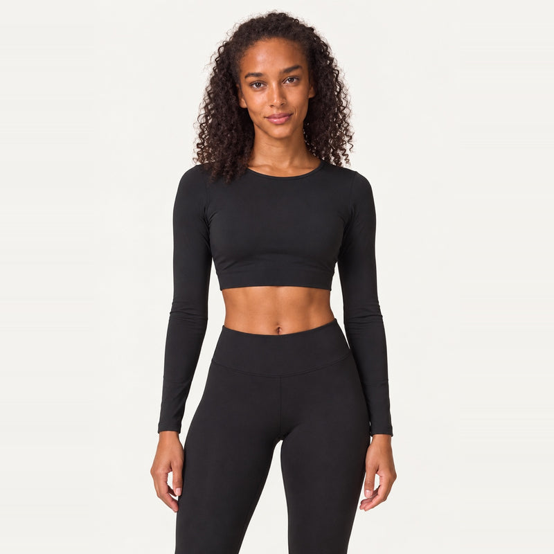 Long Sleeve Crop Top with Cross-Strap Open Back - Black