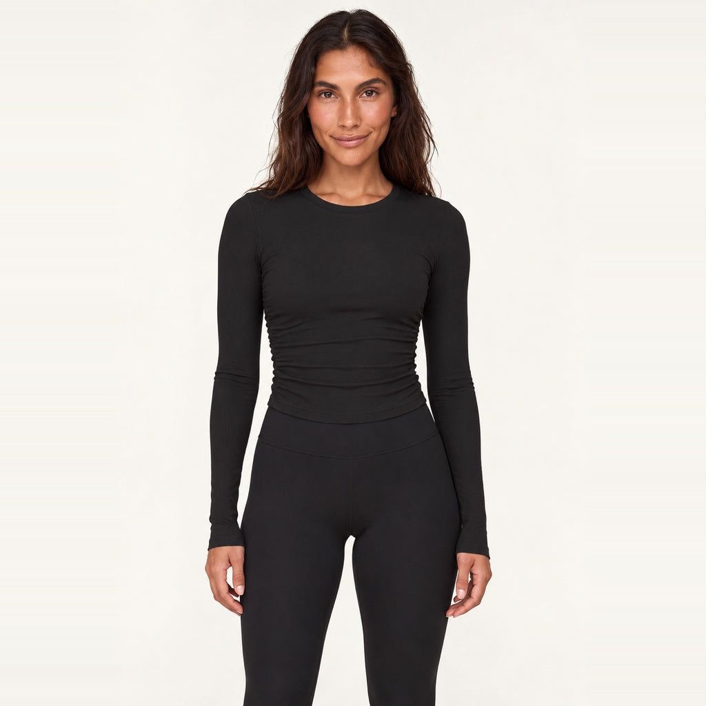 Long Sleeve Top with Ruched Sides - Black