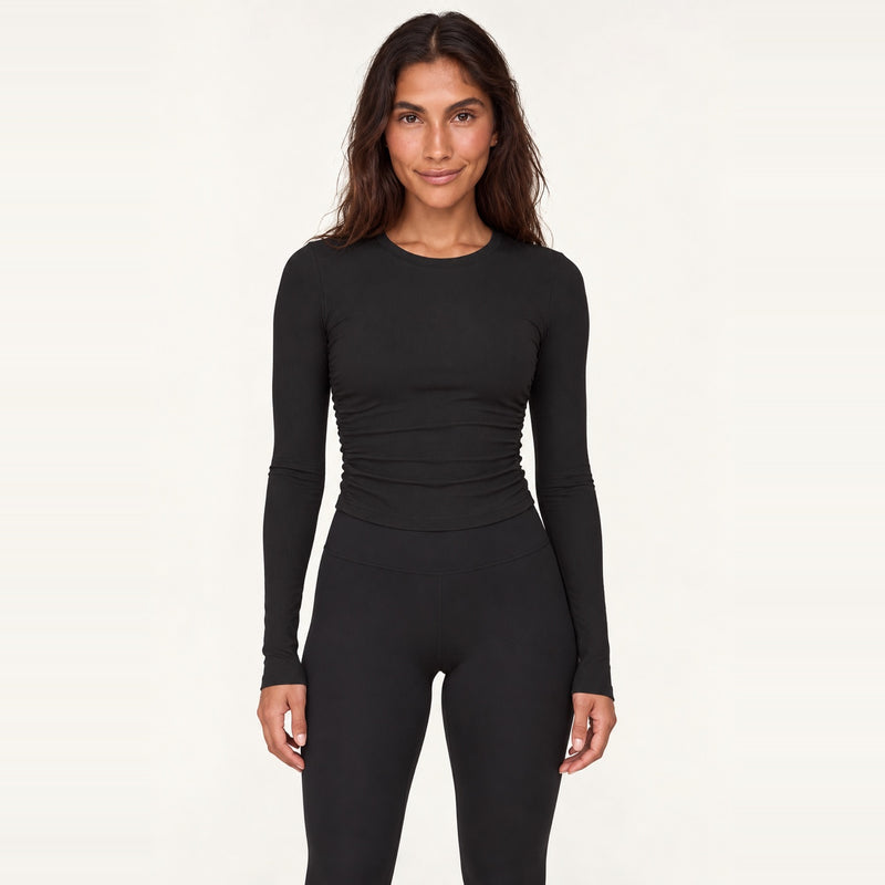 Long Sleeve Top with Ruched Sides - Black