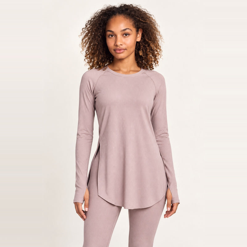 Ribbed Long Sleeve Top with Curved Hem - Dusty Pink