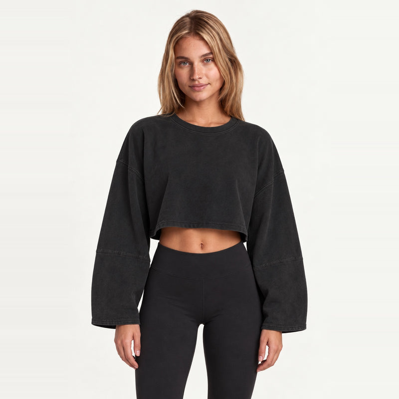 Loose Crewneck Crop Top with Wide Sleeves - Black